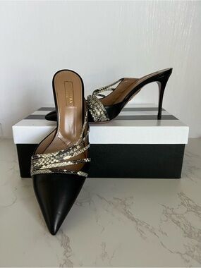 Aquazzura Black Nappa And Python Multi Strap Minou Mules 85 EU 38.5